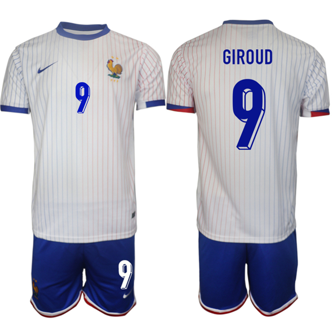 Men's France #9 Olivier Giroud White 2024-25 Away Soccer Jersey Suit
